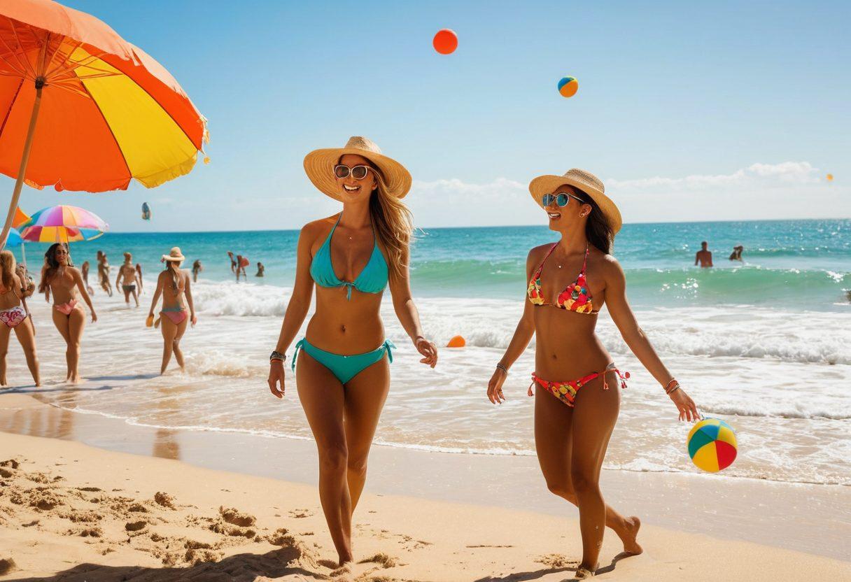 A sunny beach scene with women of diverse backgrounds wearing stylish bikinis while playing beach volleyball. Include a vibrant ocean in the background with colorful beach umbrellas and playful beach balls scattered around. Capture glamour with elegant accessories like sunglasses and sun hats adorning the beachgoers. The overall atmosphere should be lively and energetic, radiating fun and fashion. vibrant colors. super-realistic.